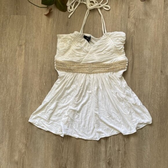 Sky Top White Draped Front Rhinestone Bling Halter Top - Picture 4 of 14